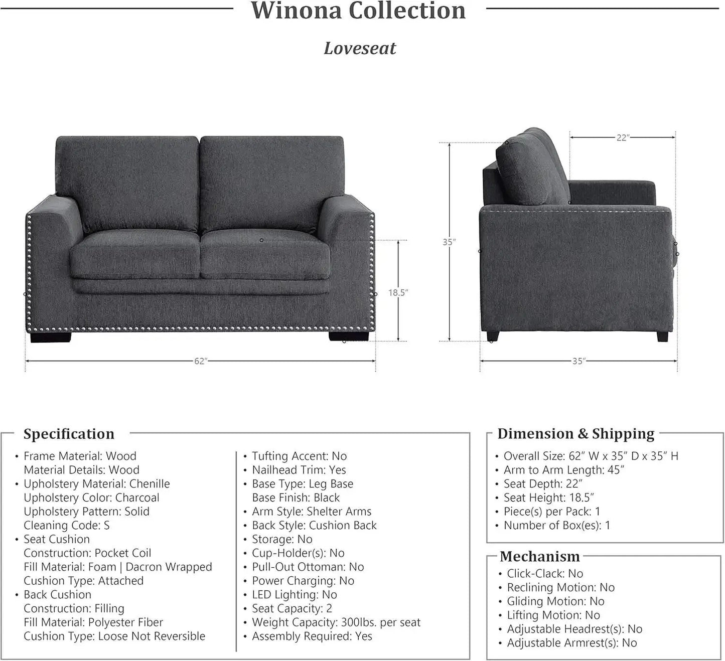 Charcoal 3 Piece Living Room Set With Chenille Upholstery from PriceLows™