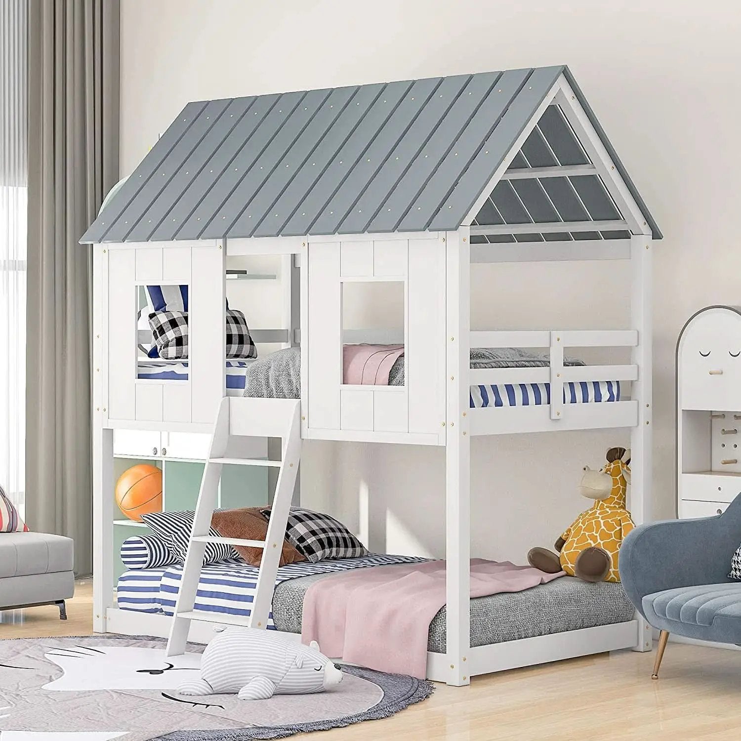 Twin House Bunk Bed With Playhouse White And Gray Finish from PriceLows™