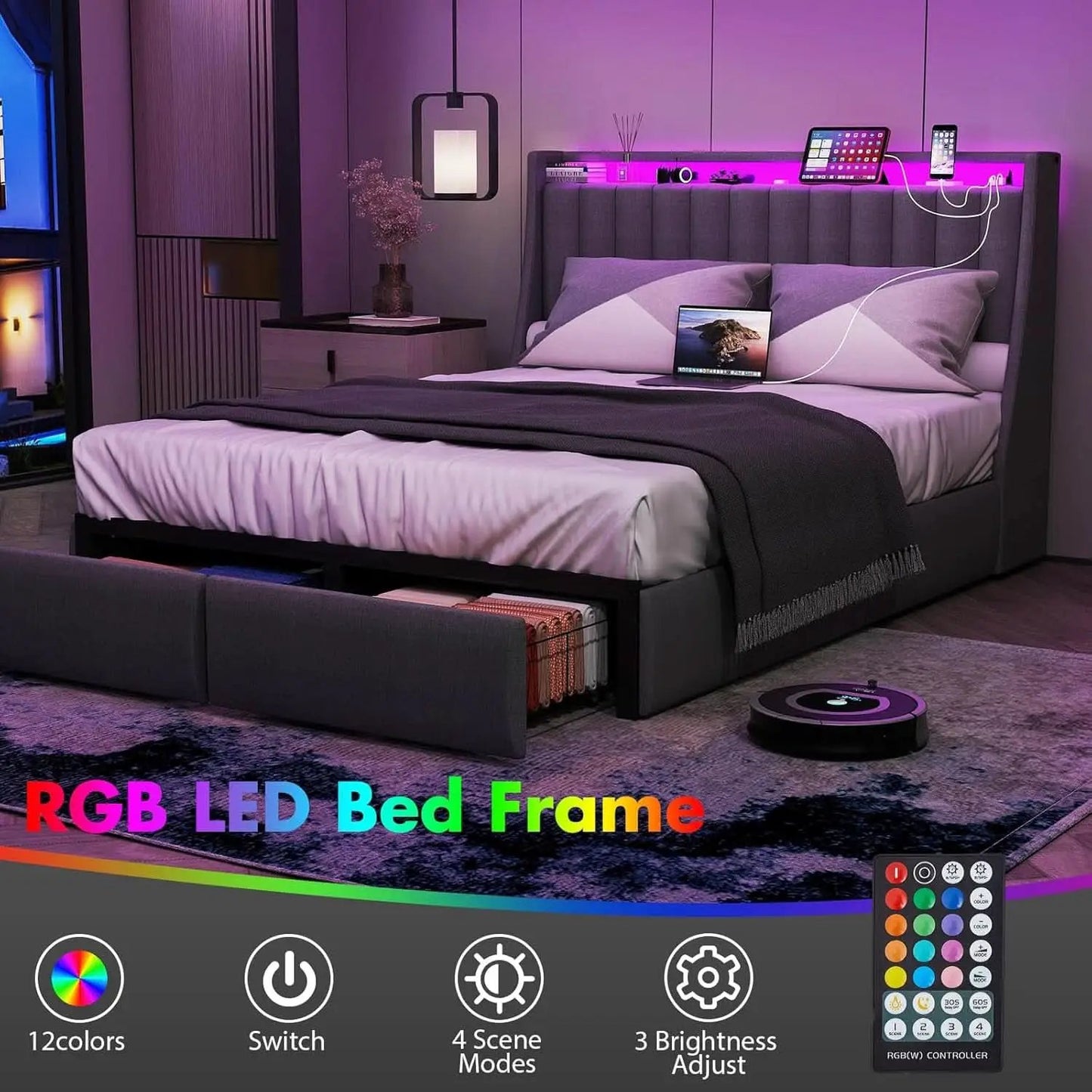 Queen Bed Frame With LED Lights And Storage Drawers from PriceLows™
