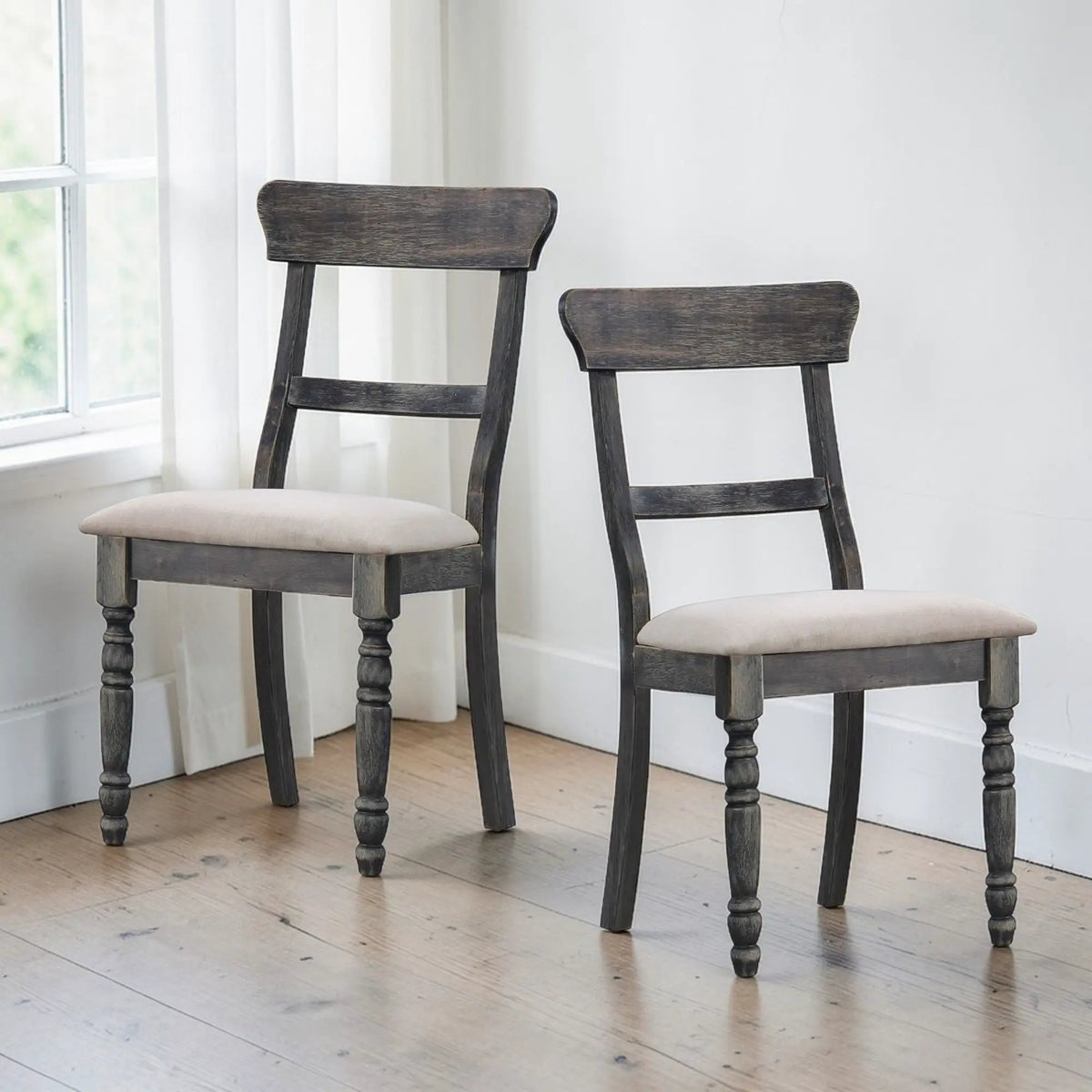 Leventis Linen Side Chairs | Set Of 2 | Light Brown | Weathered Gray Wood Details