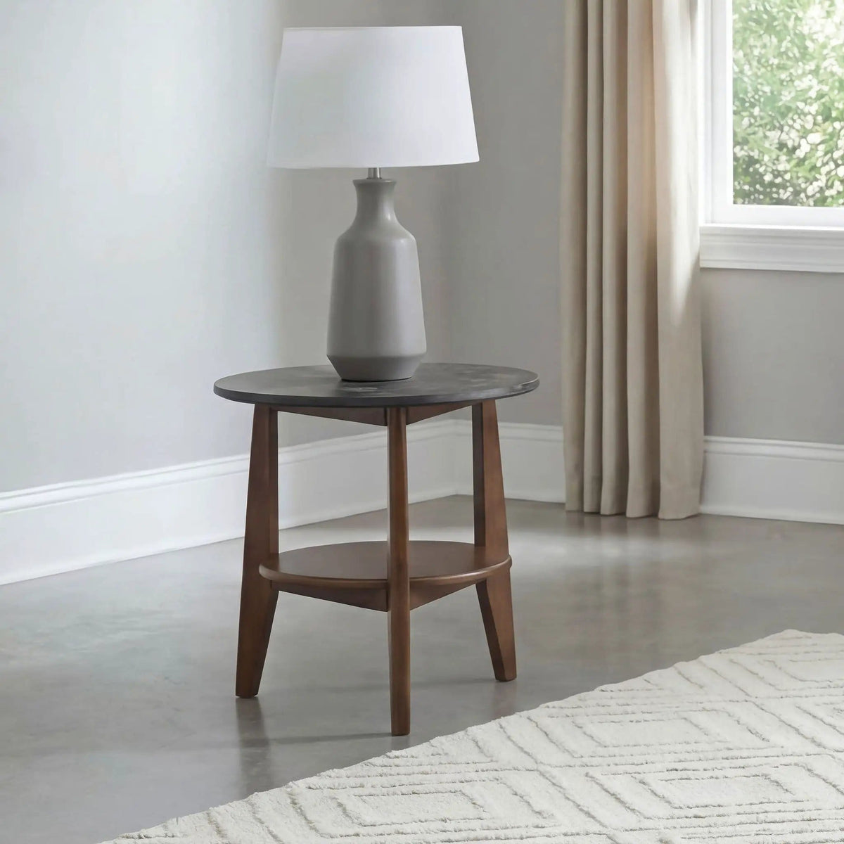 Bradley Round SmartTop End Side Table Smokey Grey and | 23.5 x 23.5 x 21.75 in | Rubberwood & Engineered Wood | Dark Brown