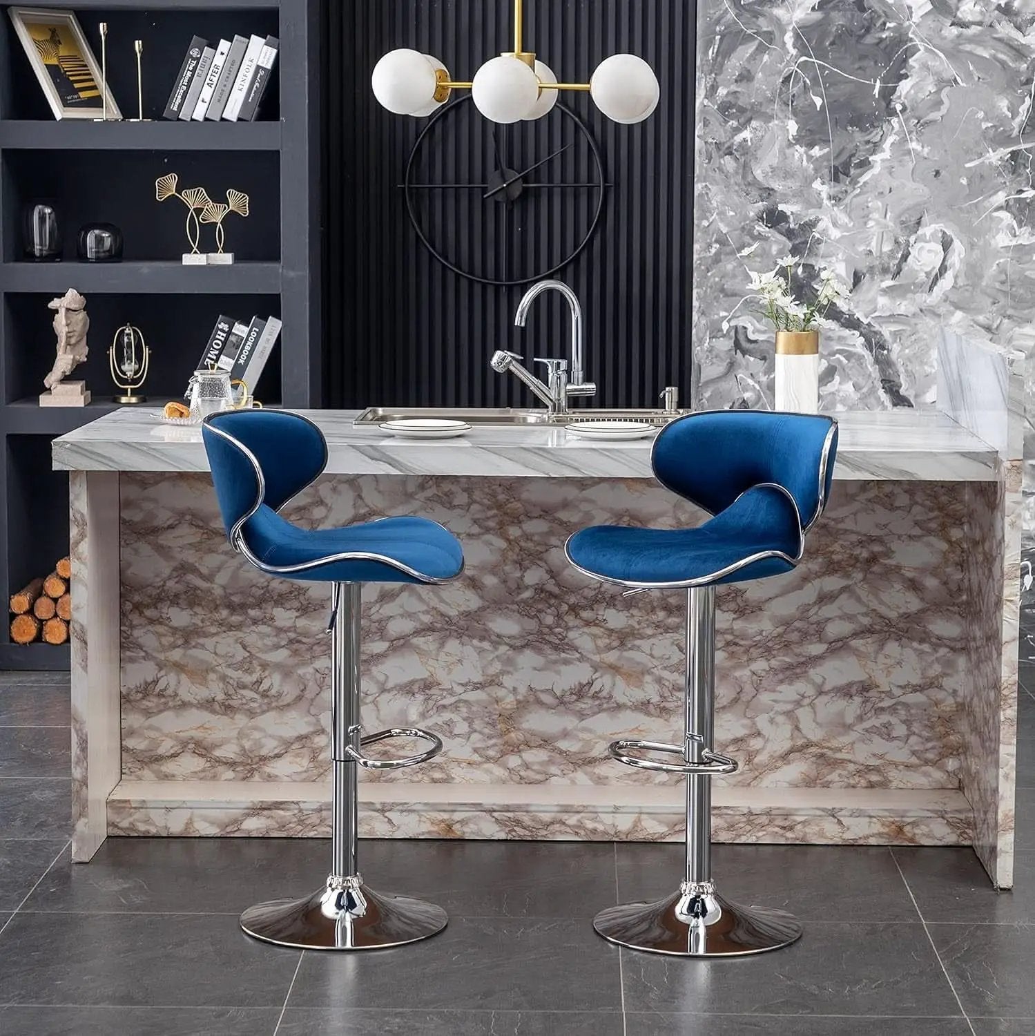 Blue Velvet Upholstered Adjustable Swivel Barstool Set Of 2 from PriceLows™