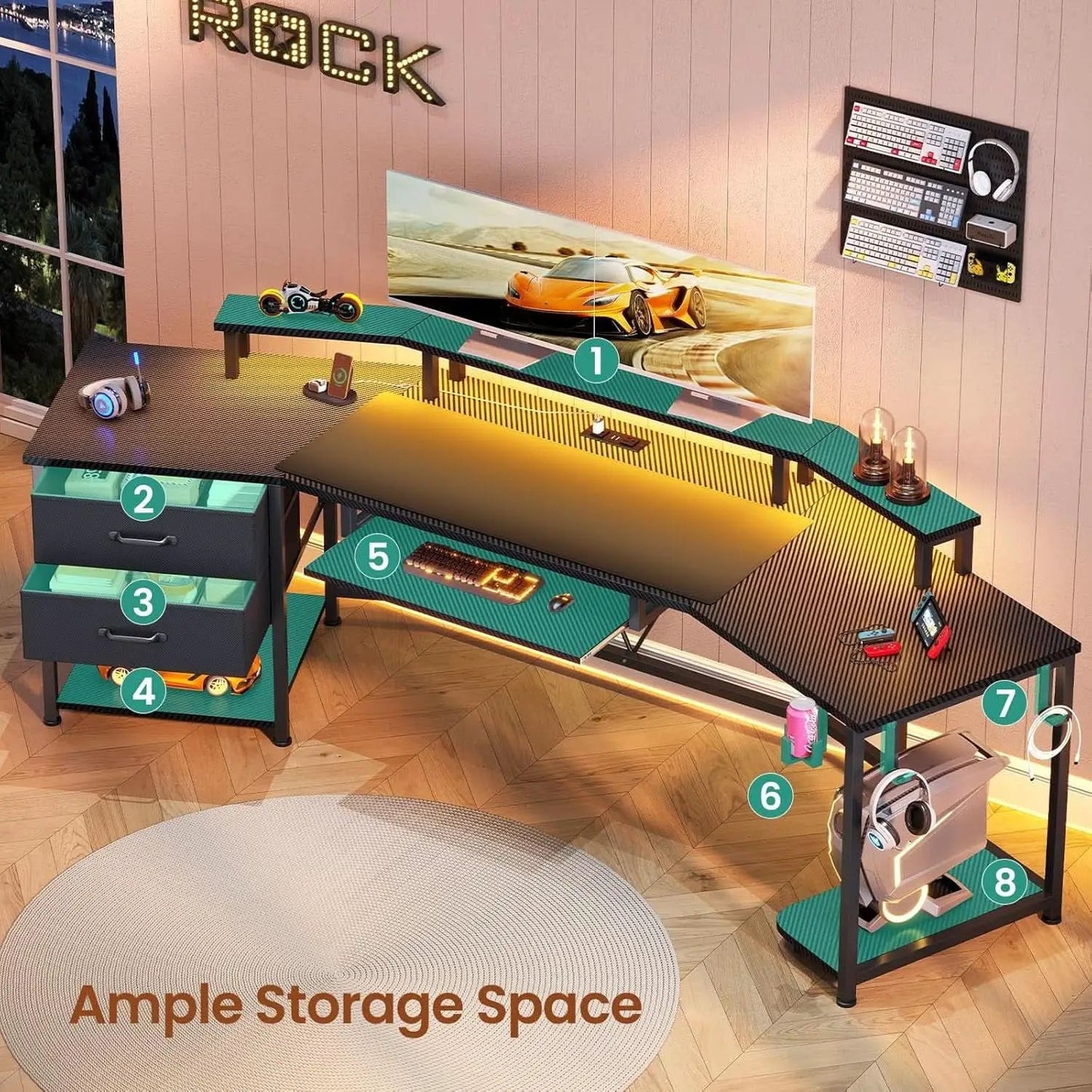 79 Inch Gaming Desk With LED Lights And Storage from PriceLows™