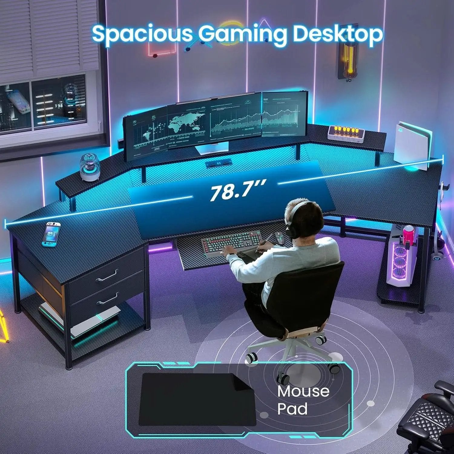 79 Inch Gaming Desk With LED Lights And Storage from PriceLows™