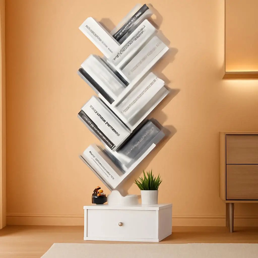 8 Tier Tree Bookshelf With Drawer White Wood Space Saving from PriceLows™