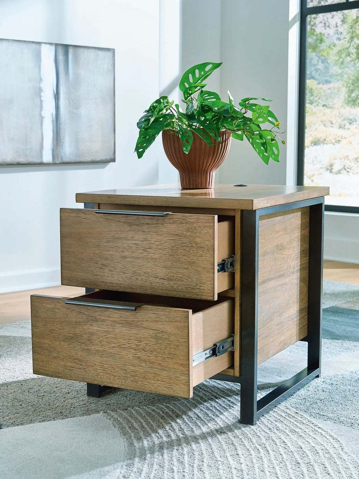 Montia Cocktail Table | Light Wood-Tone Finish | Contrasting Frame | Mixed-Material Look