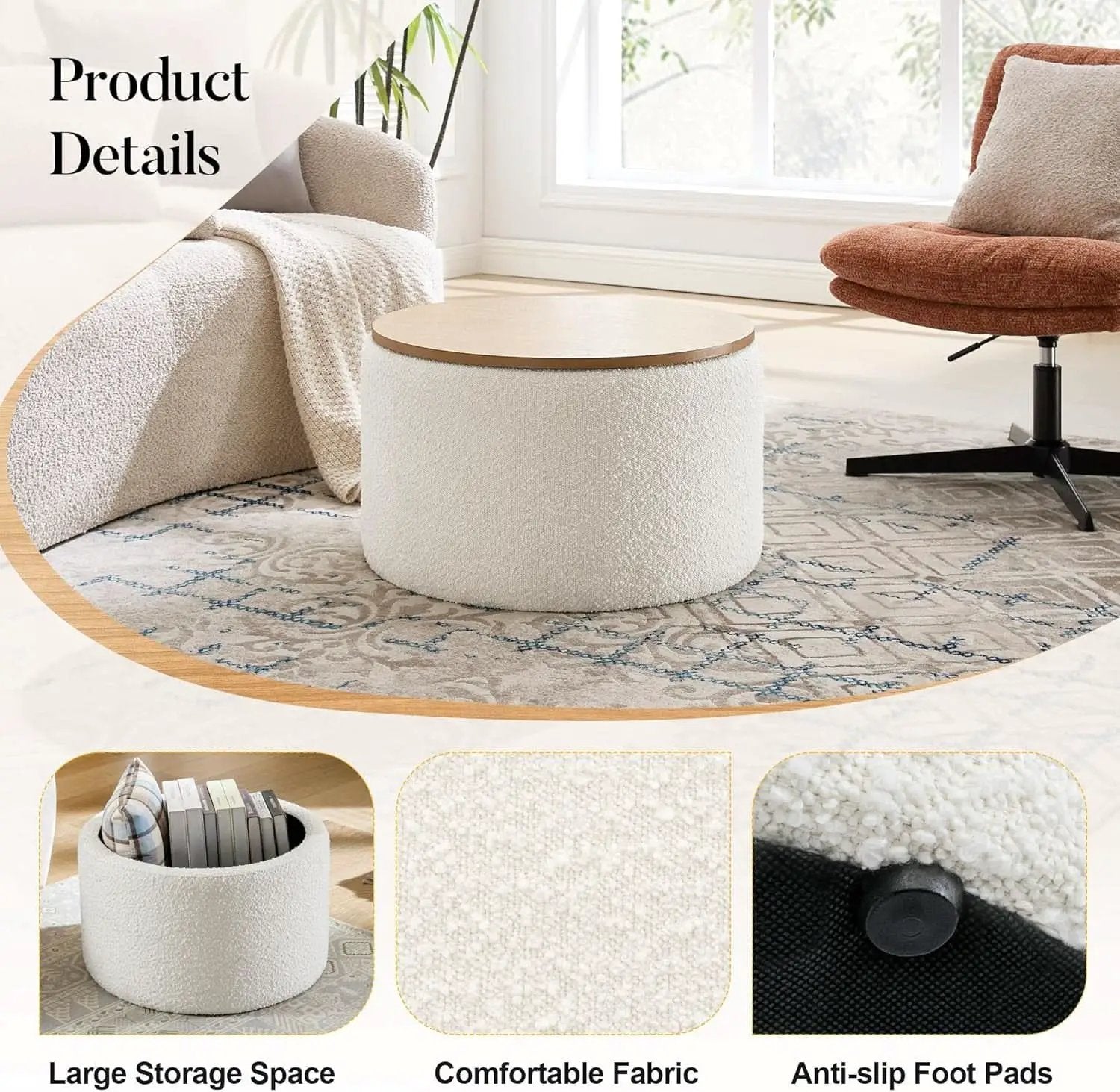 Circular Storage Ottoman With Wooden Lid Upholstered from PriceLows™