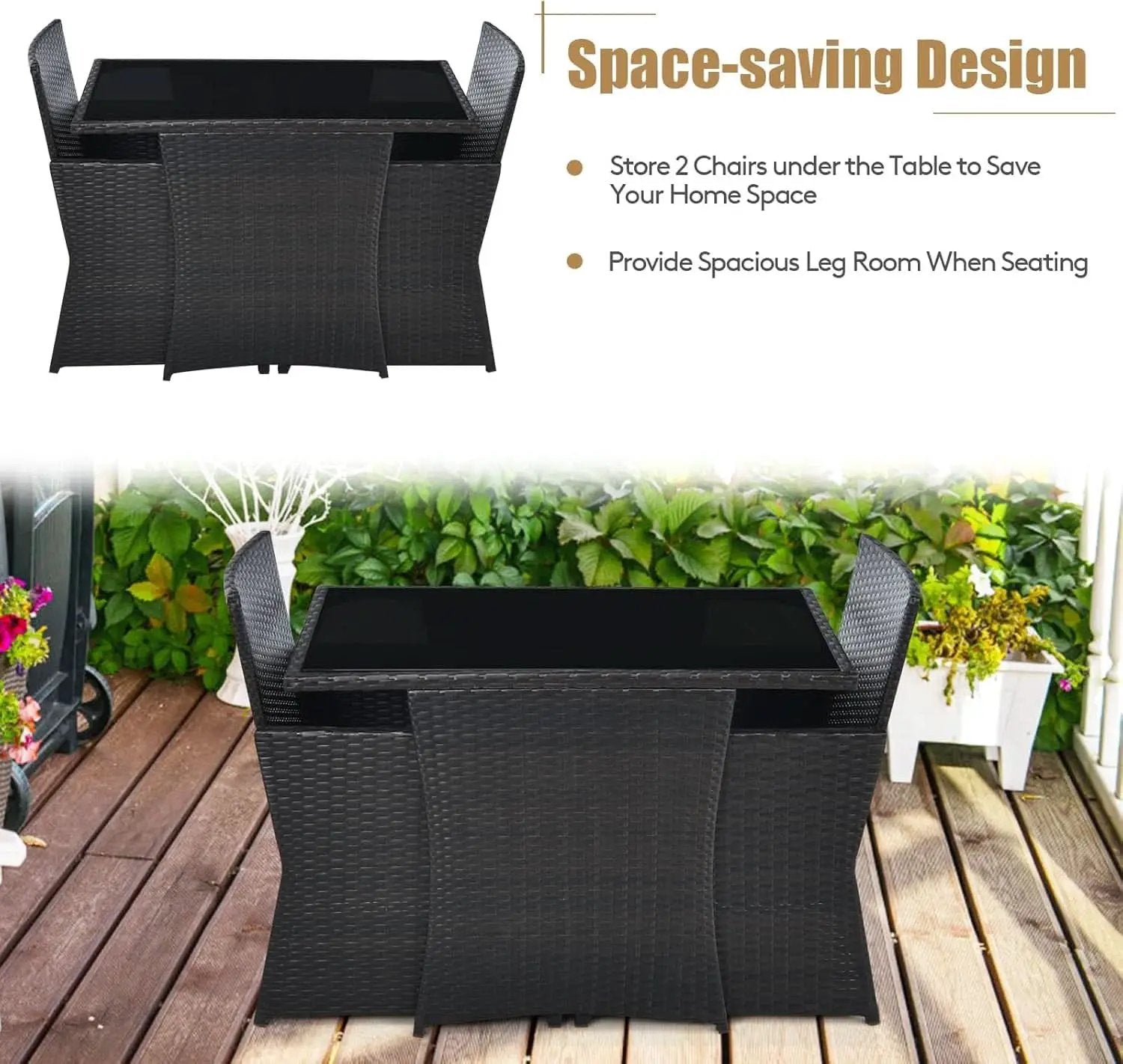 Gray 3 Piece Patio Dining Set With Tempered Glass Table For Outdoor Garden Poolside And Porch from PriceLows™