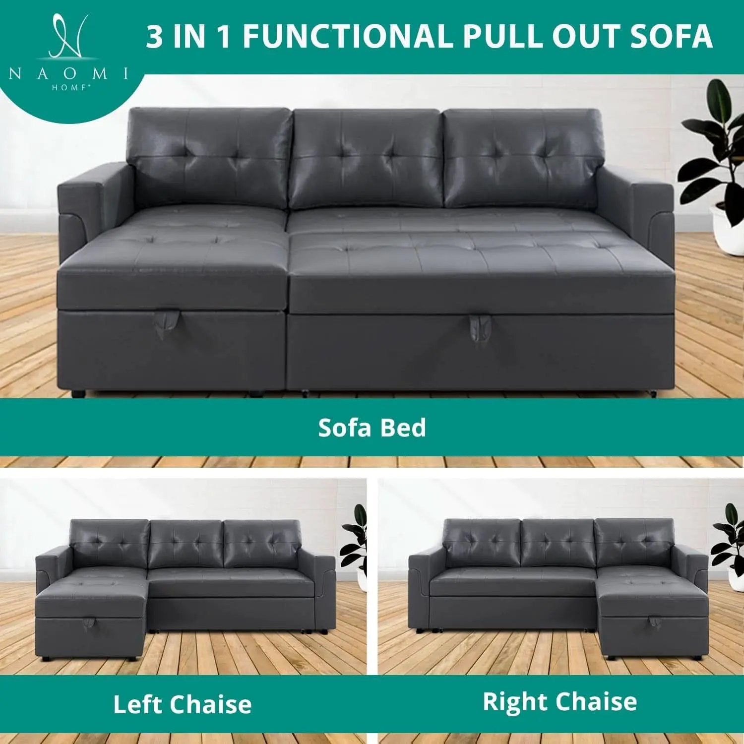 Sleeper Sectional Sofa With Convertible Bed In Dark Gray from PriceLows™