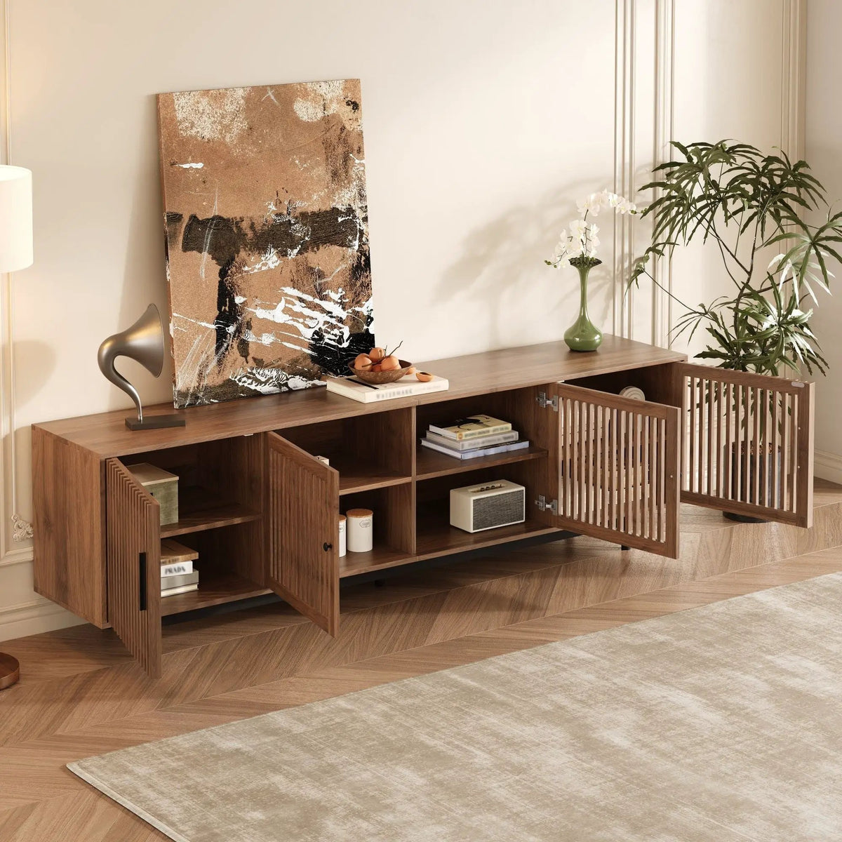 TV Stand | Walnut Finish | Slatted Doors | Cable Management