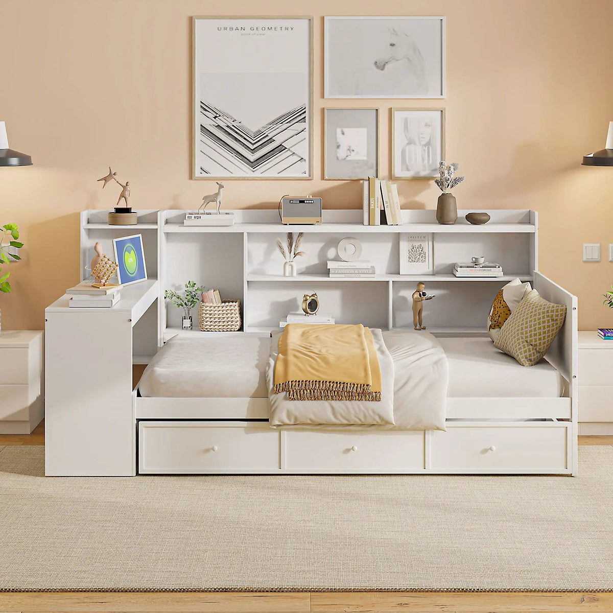Pine Wood Daybed | 3 Drawers | USB Ports | Built-In Desk