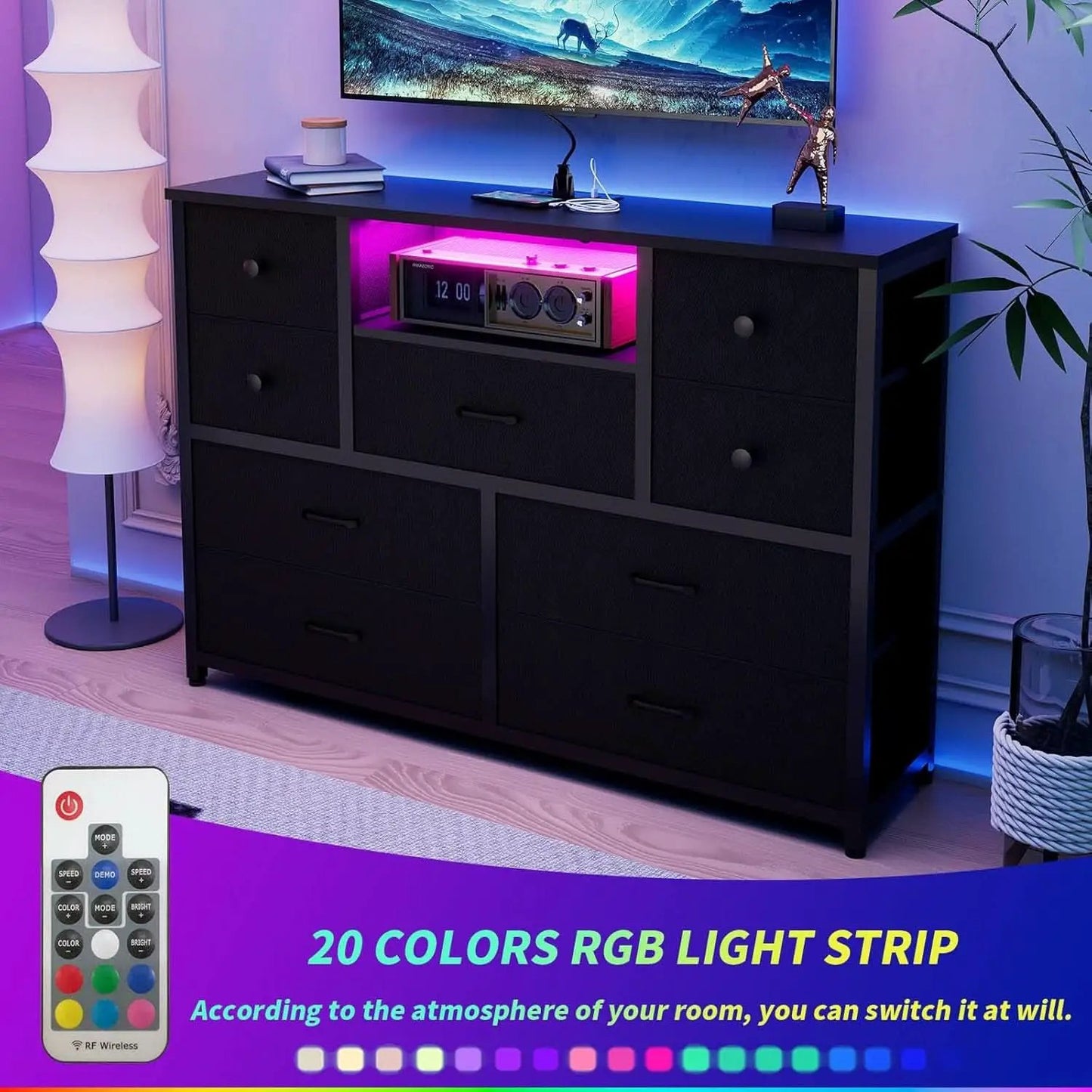Charcoal Nine Drawer Wardrobe TV Stand With LED Lighting from PriceLows™