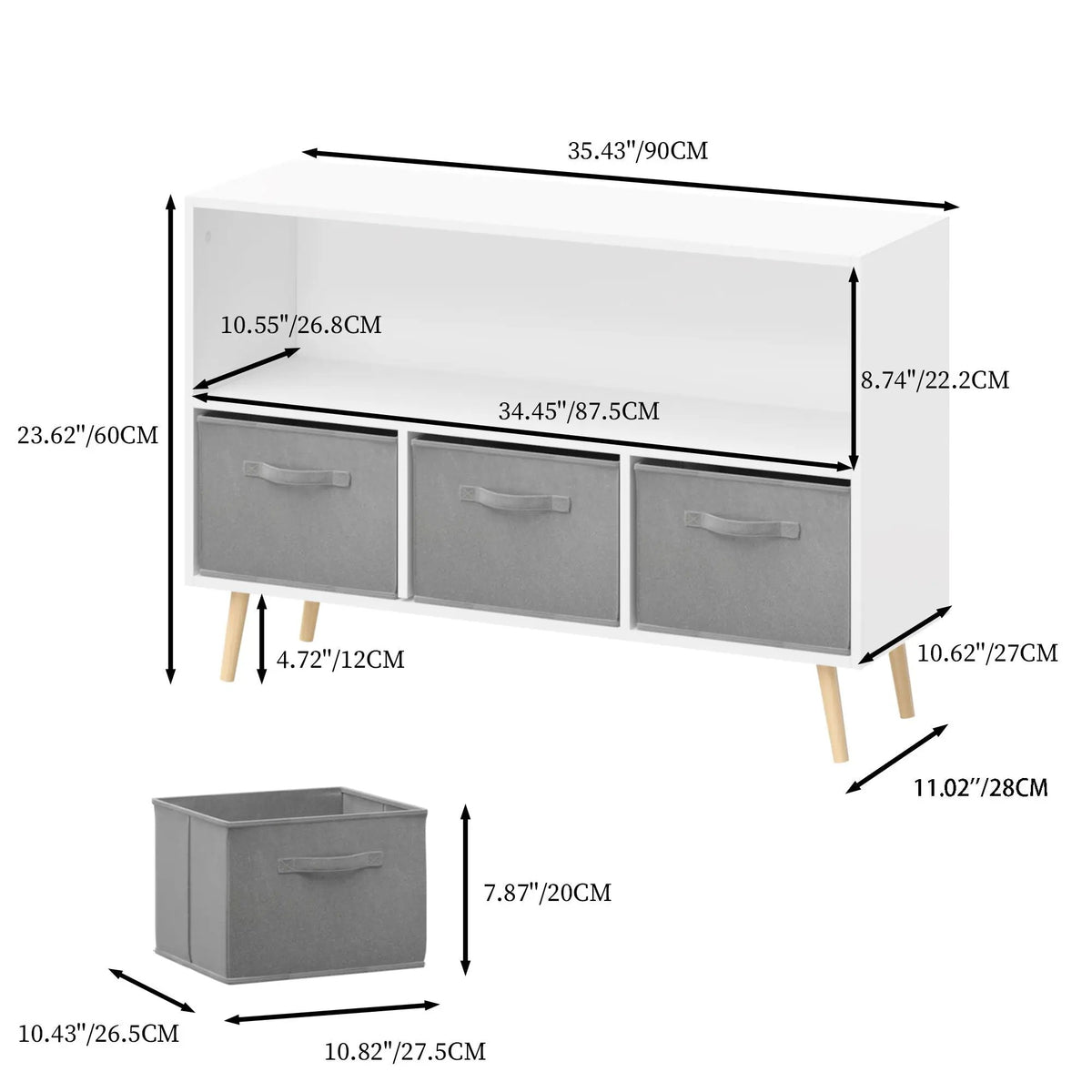 Bookcase With Collapsible Drawers | Three Fabric Drawers | Tip-Over Restraint | Book Display Organizer