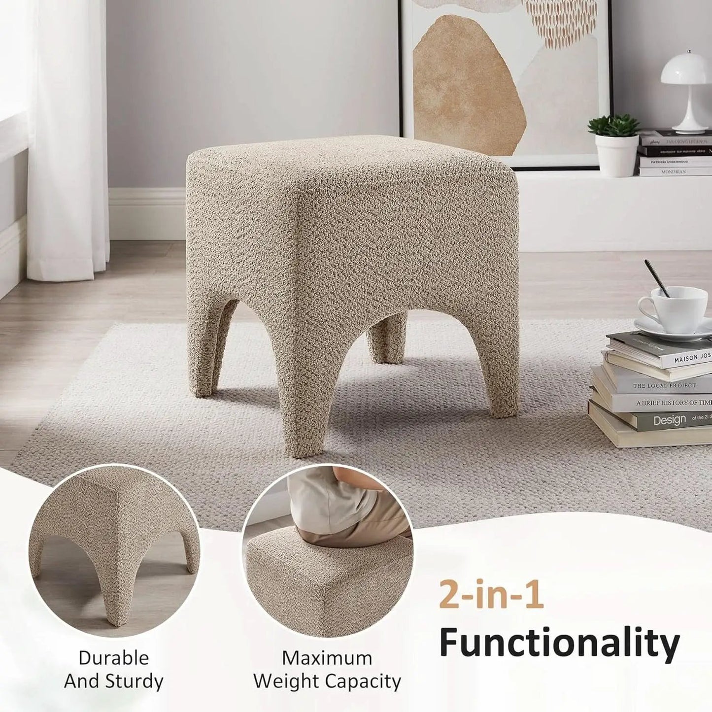 17-Inch Camel Boucle Upholstered Square Ottoman Footstool from PriceLows™