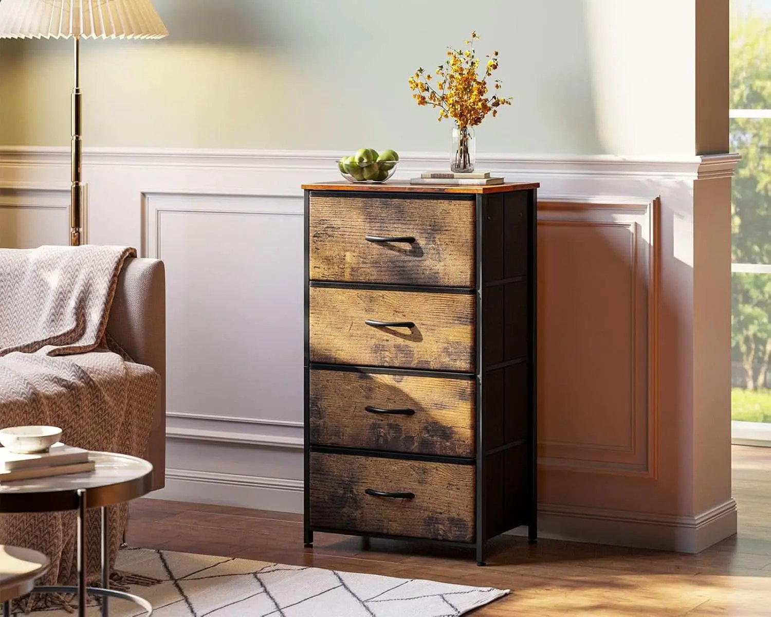 Compact Bedroom Dresser With 4 Drawers And Wood Top Steel Frame from PriceLows™
