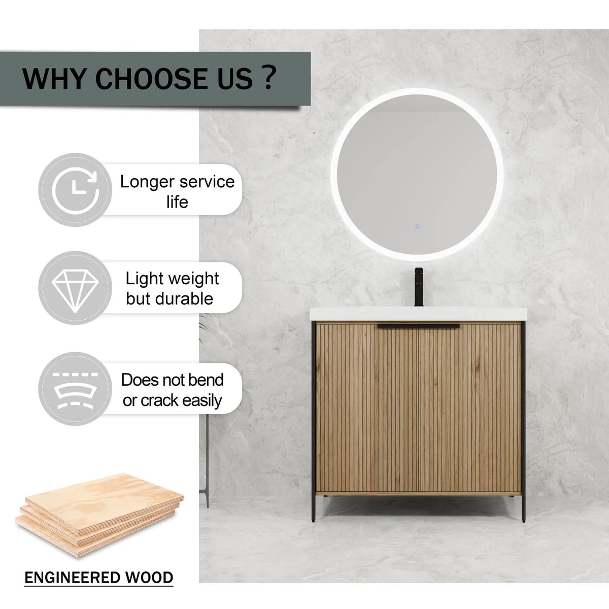 Modern Freestanding Bathroom Vanity With Resin Sink & Soft Close Cabinet Doors | 4 Pieces | Metal & Plywood | Bathroom