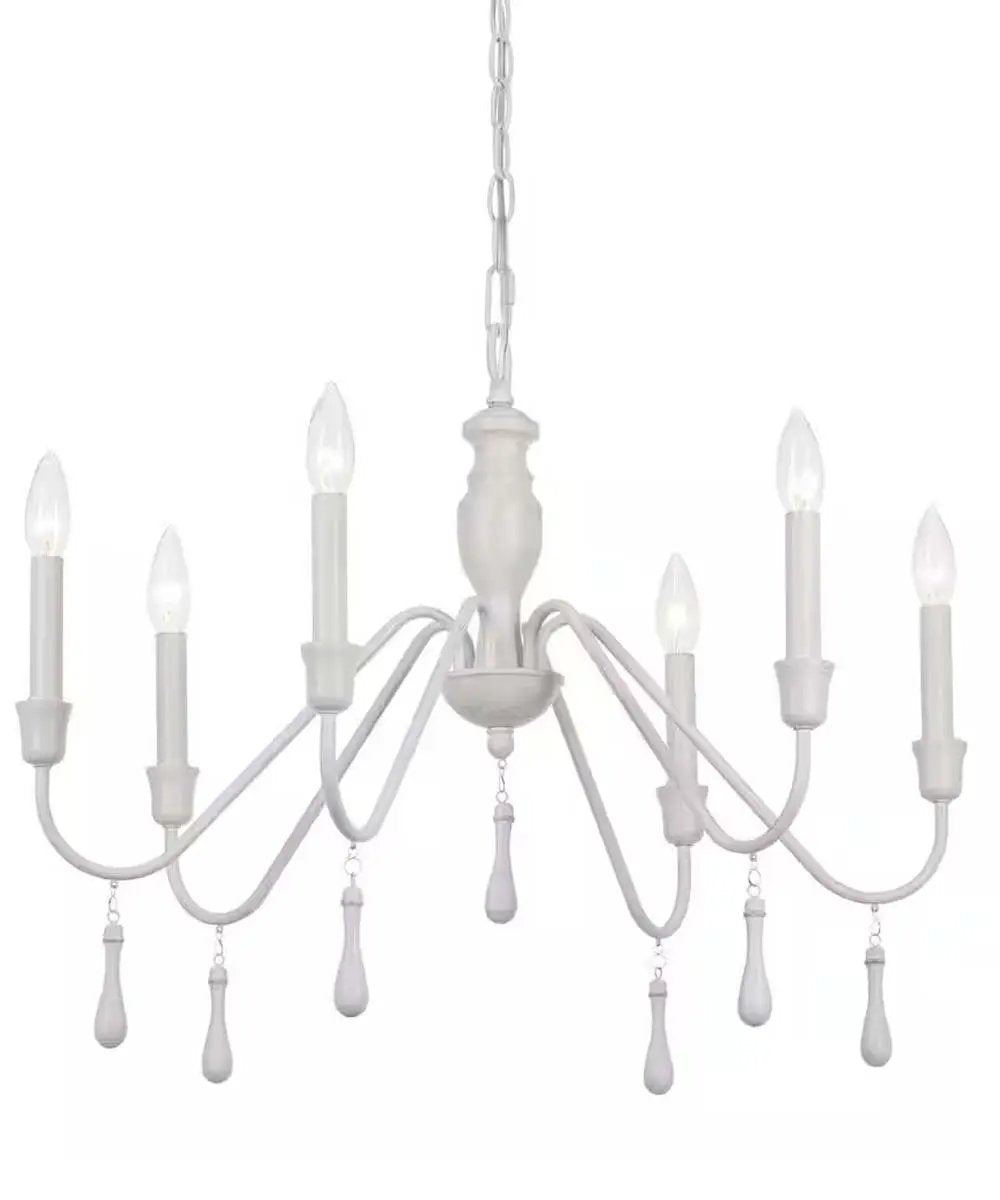 Chandelier | 6 Light Beaded | Distressed White | 26 Inch Width
