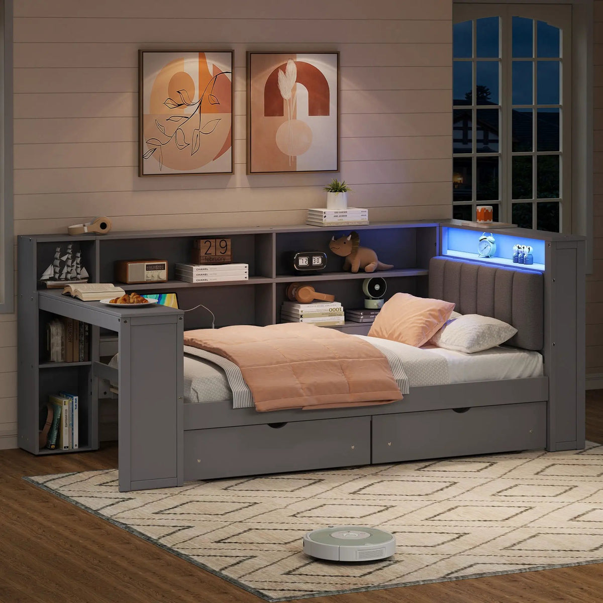 Upholstered Platform Storage Bed | Eight Open Shelves | Two Drawers | LED Lighting And Charging Station