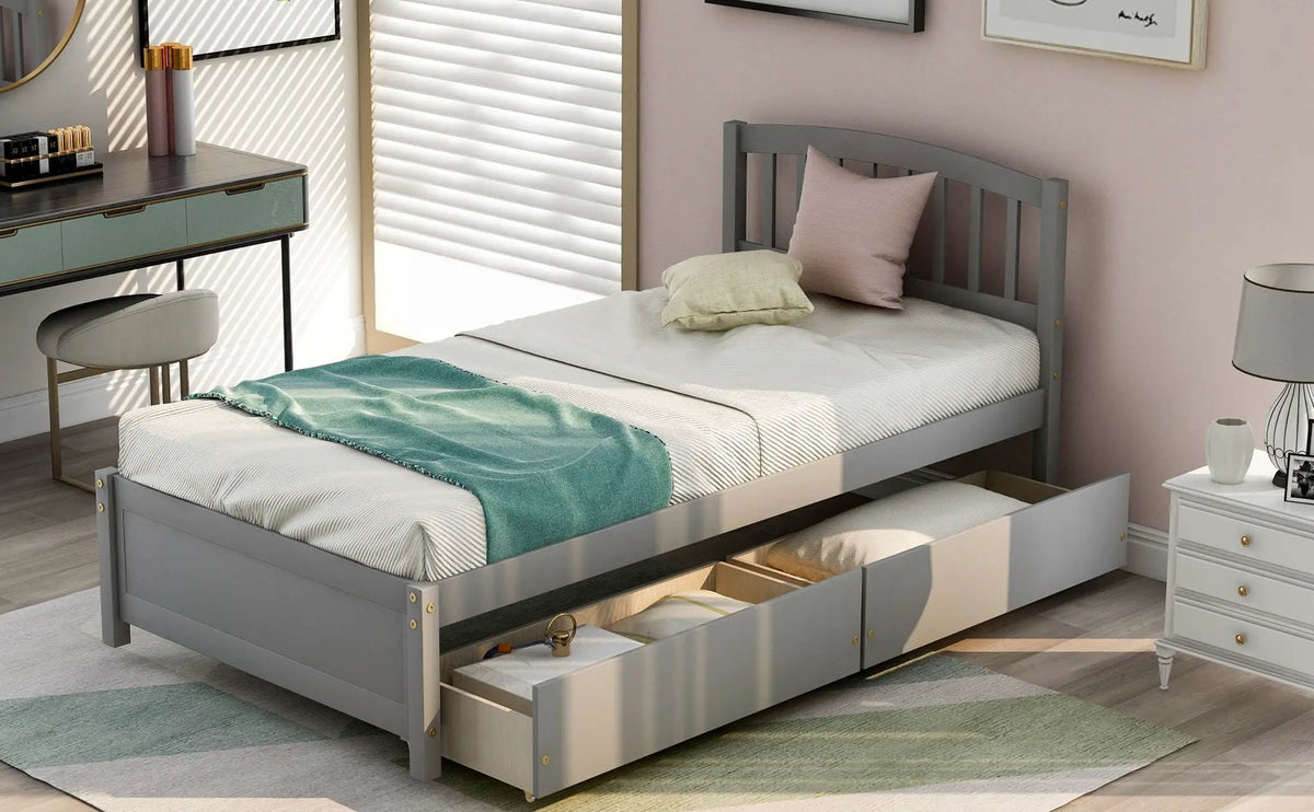 Platform Storage Bed | Wood Frame | Two Drawers | Headboard And Footboard