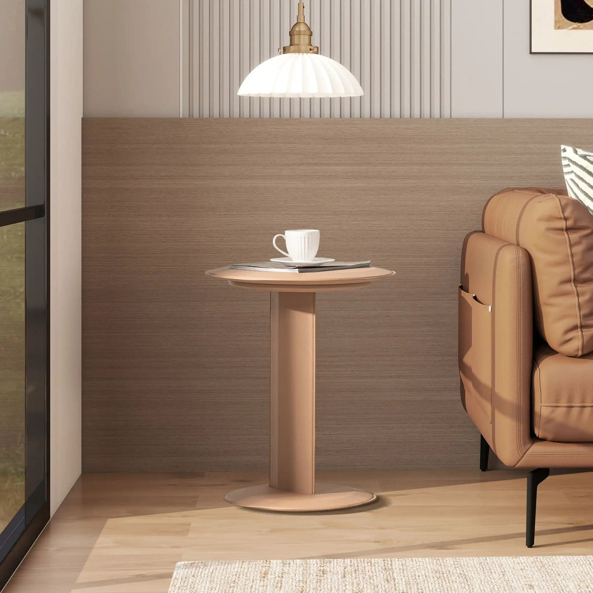 Mode Leatherette Round C-Shaped Sofa Side Table | 18 x 18 x 22.5 in | Living Room Furniture | Saddle Brown