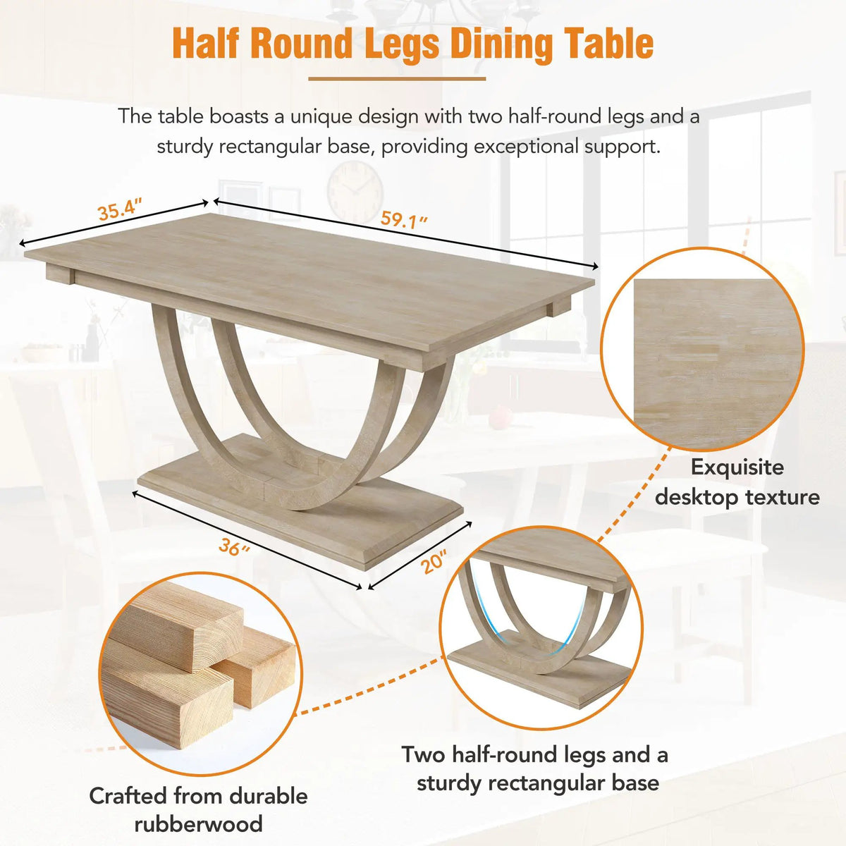 Dining Table Set | 6 Piece Solid Wood | Half Round Legs | 59 Inch