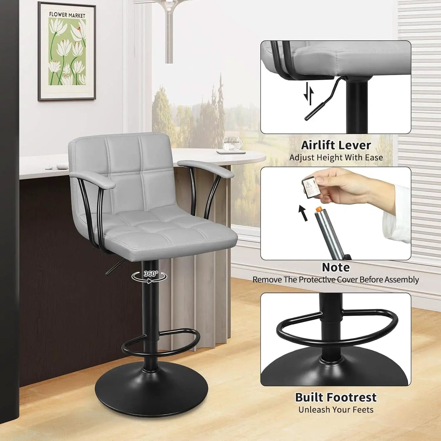 Bar Stools 2 Adjustable Swivel With Back Grey PU Leather from PriceLows™