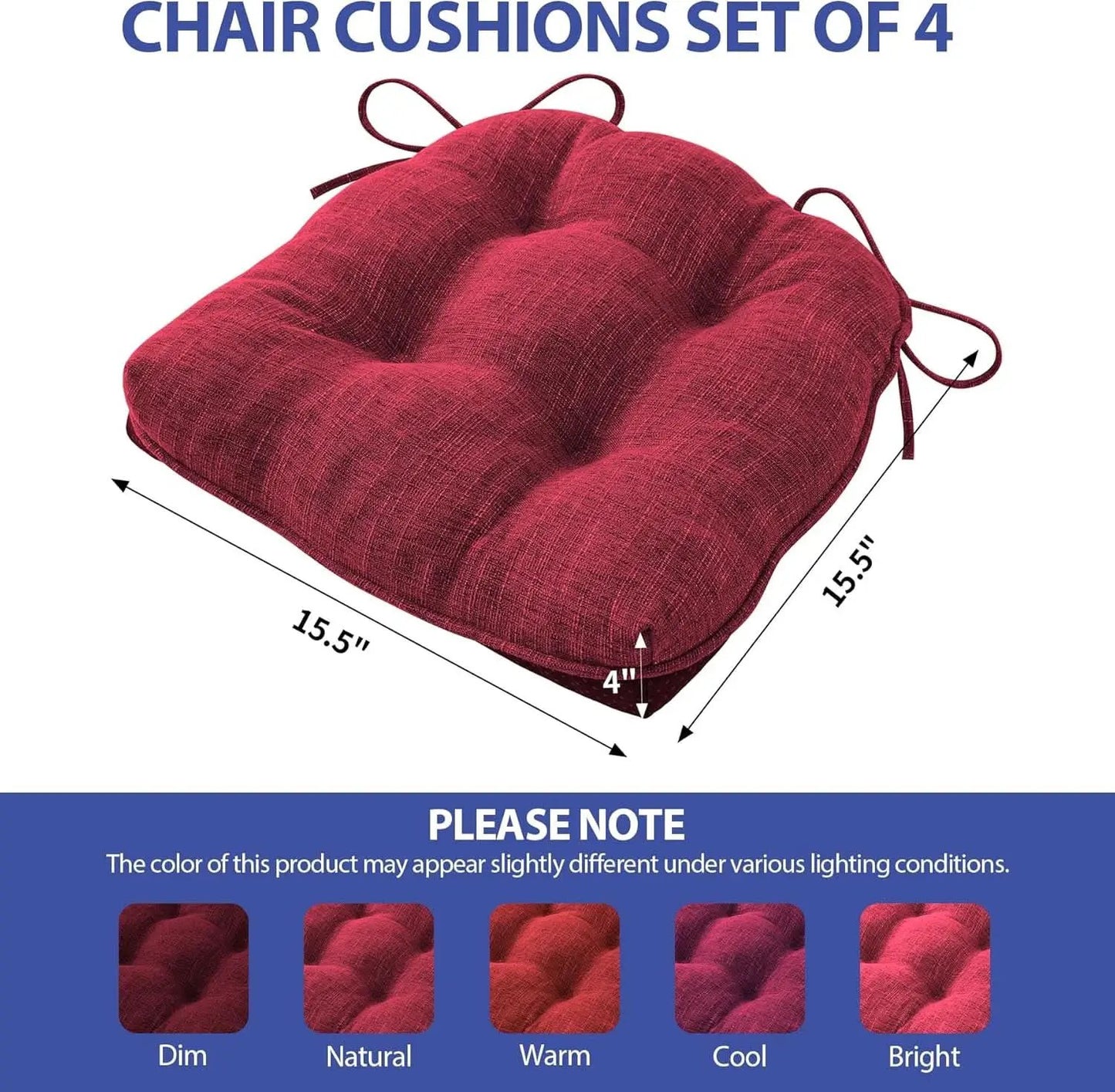Red Tufted Memory Foam Chair Cushions 4 Pack Non Slip Ties from PriceLows™