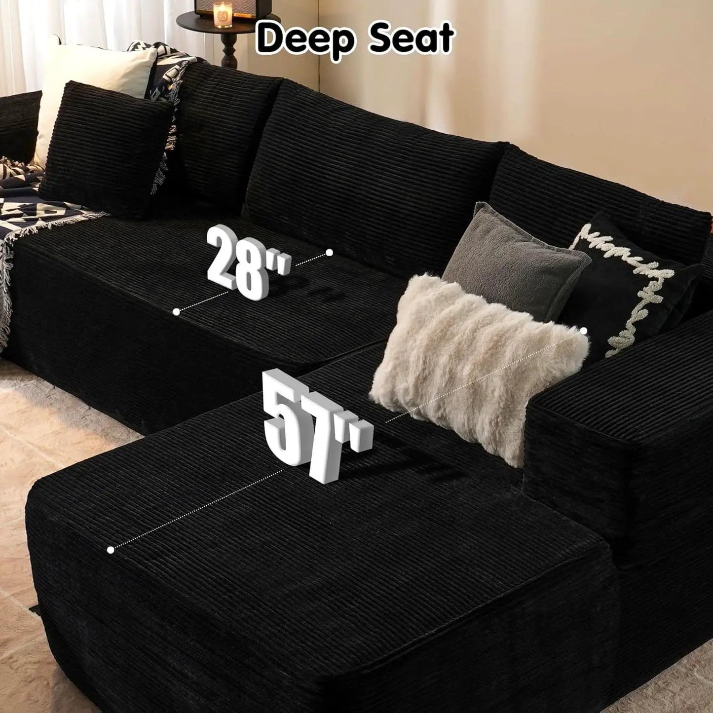 104 Inch Black Corduroy L Shaped Sectional Sofa Deep Set Upholstered Modular Couch No Assembly from PriceLows™