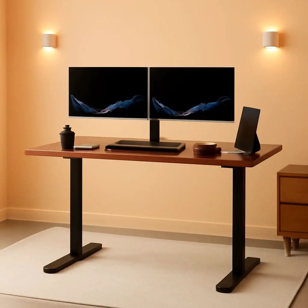 60 Inch Electric Height Adjustable Desk Dark Walnut Top Black Frame from PriceLows™