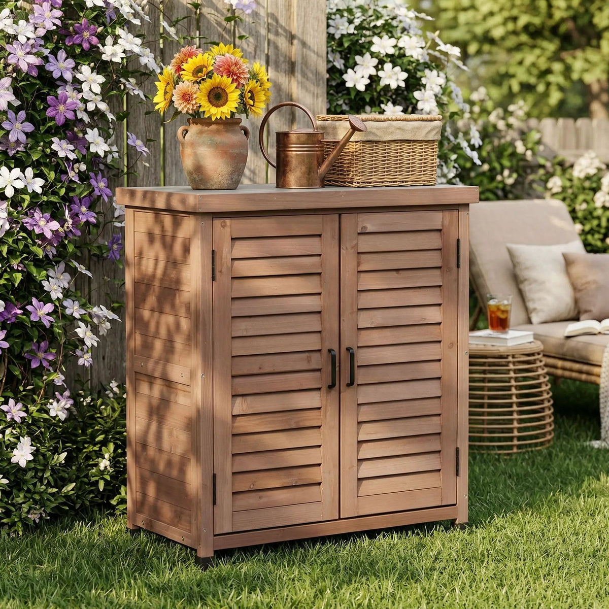 Outdoor Potting Bench | Storage Cabinet | Metal Table Top | Hemlock Wood Construction
