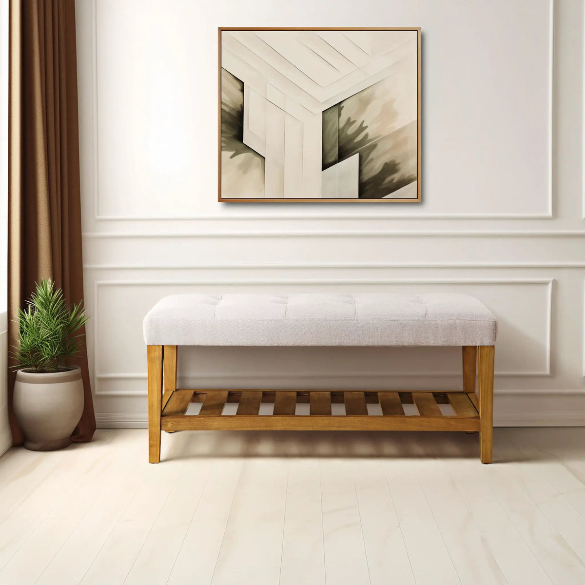 Charla Upholstered Bench | Tufted Fabric Seat | Oak Color Scheme | Armless Rectangular Design