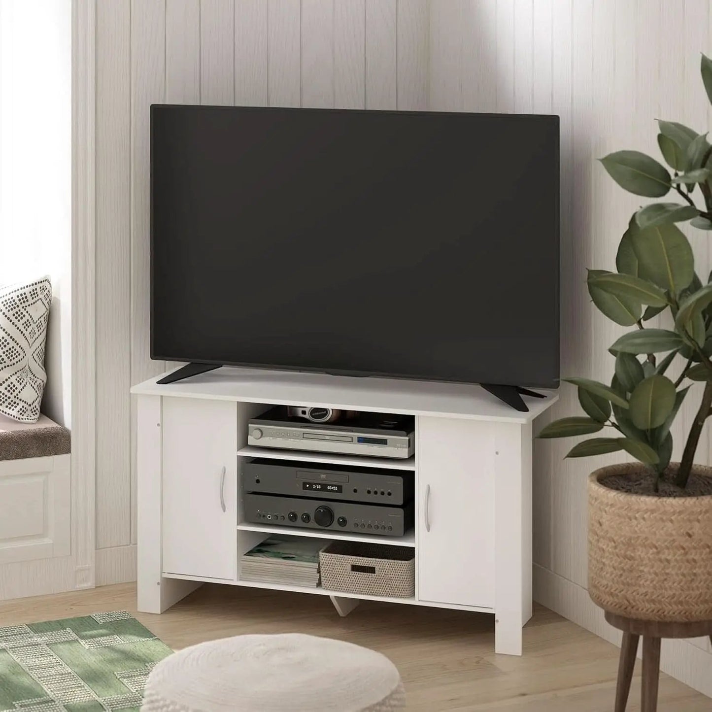 50 Inch White TV Stand With Concealed Storage And Shelves from PriceLows™