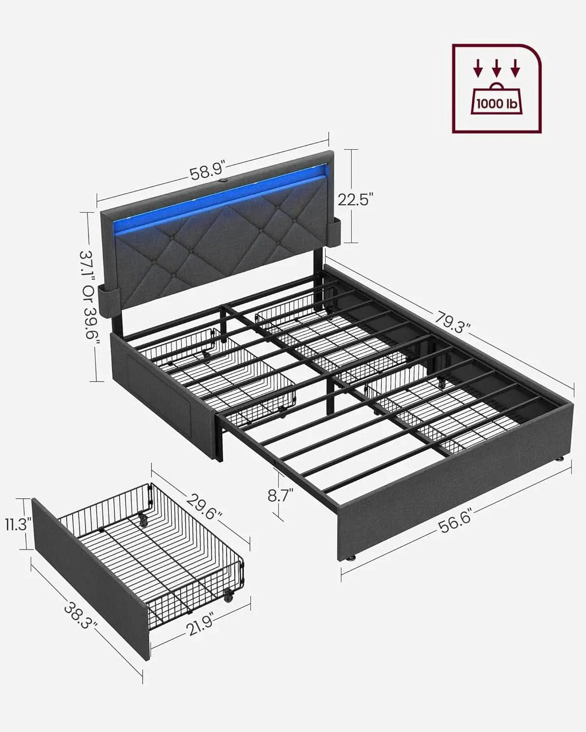 Illuminated Full Size Bed Frame With USB C Ports Headboard from PriceLows™