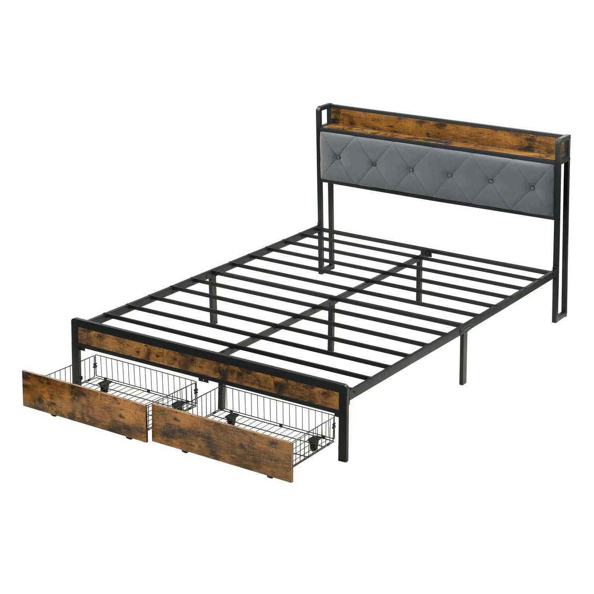 Modern Storage Bed Frame | LED Lights With Remote | Upholstered Headboard | USB Charging Station