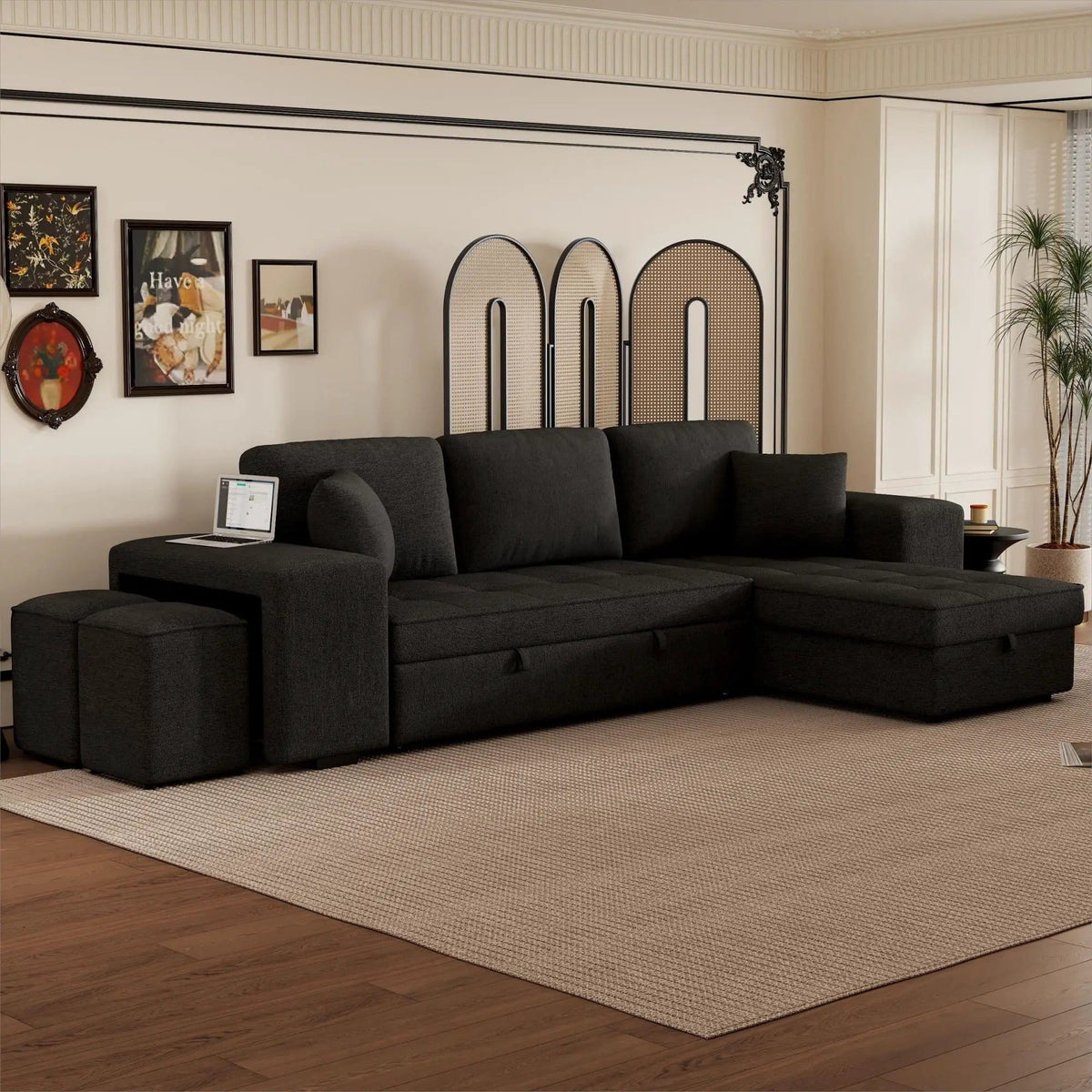 Modern L-Shape 3 Seat Reversible Sectional Couch, Pull Out Sleeper Sofa With Storage | 4 Pieces | Fabric | Living Room