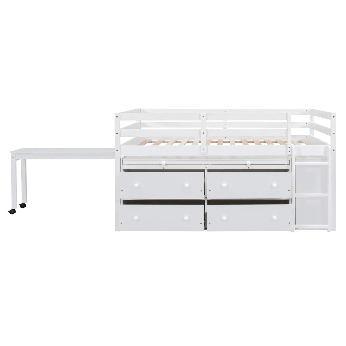 Loft Bed With Retractable Desk | 4 Front Drawers | Lateral Portable Desk | Side Shelves