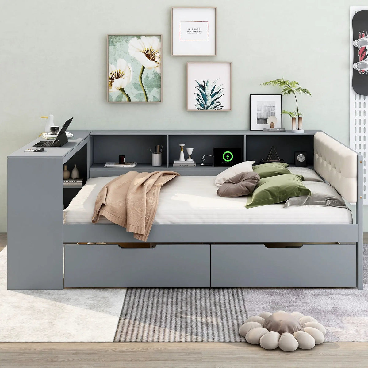 Upholstered Headboard Platform Bed | Storage Shelves | Two Drawers | Charging Station