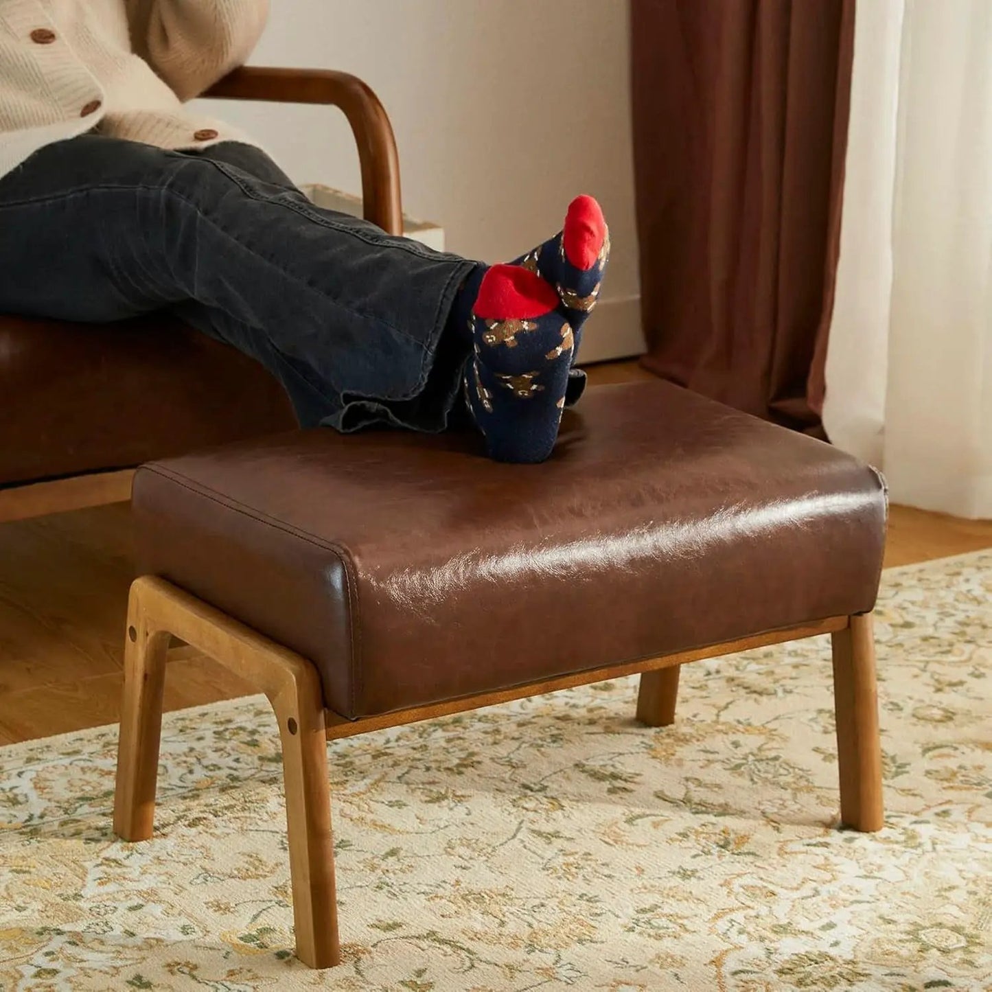 Rectangular Leather Ottoman Bench Twenty Four Point Five Inches Walnut from PriceLows™