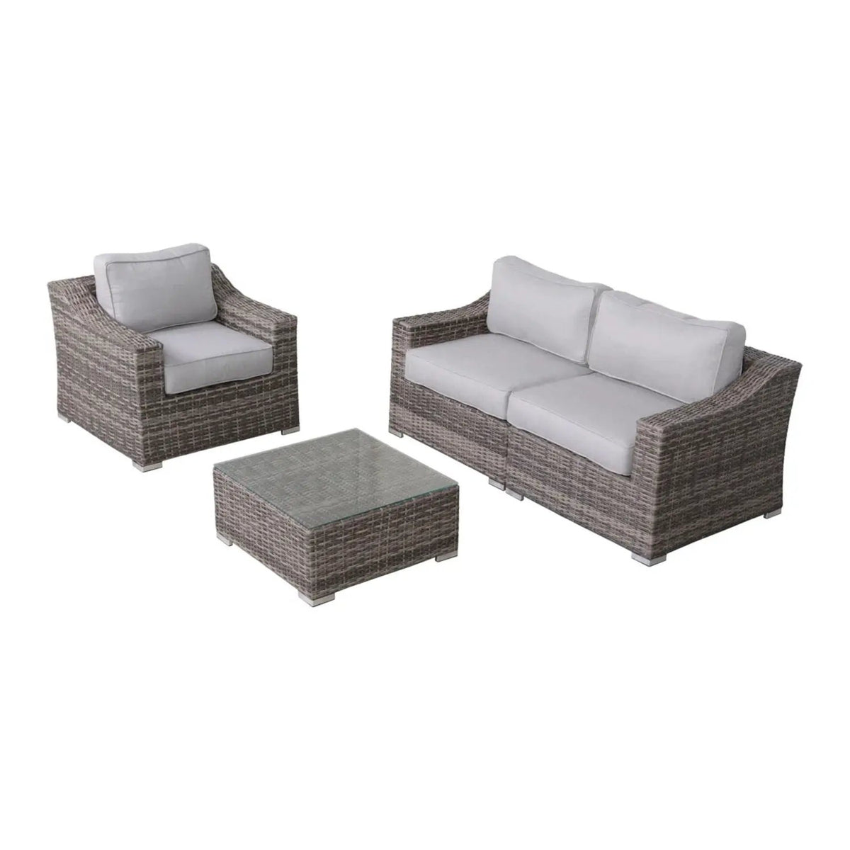 Outdoor Wicker Conversation Set | All-Weather Resin | Tempered Glass Table | 5 Inch Cushions