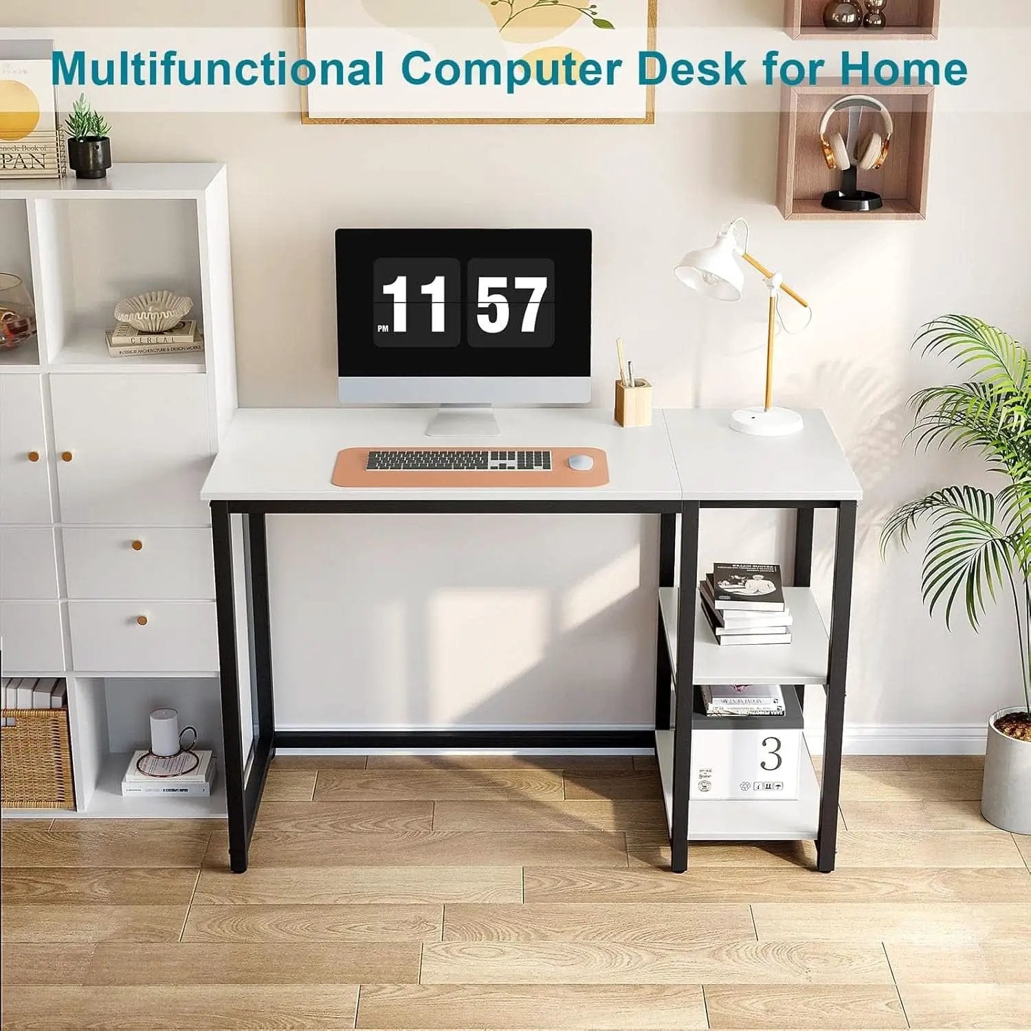 40 Inch White Computer Desk With 2 Tier Shelves Home Office from PriceLows™