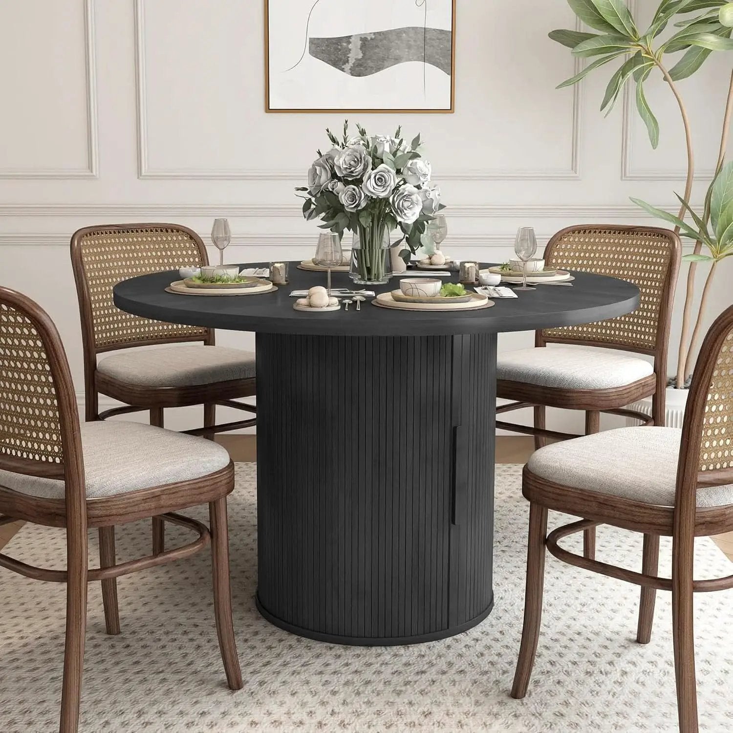 47 Inch Round Dining Table For 4 With Storage Shelf Black from PriceLows™