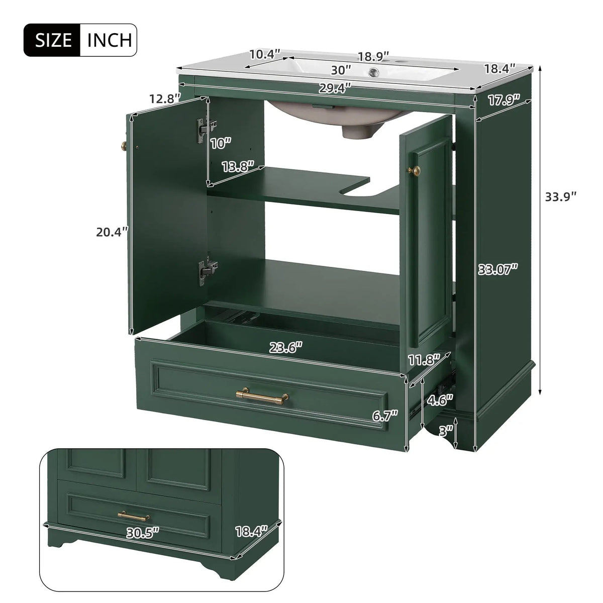 30 Inch Bathroom Vanity | Poplar Wood Frame | 2 Soft Closing Doors | Adjustable Shelf