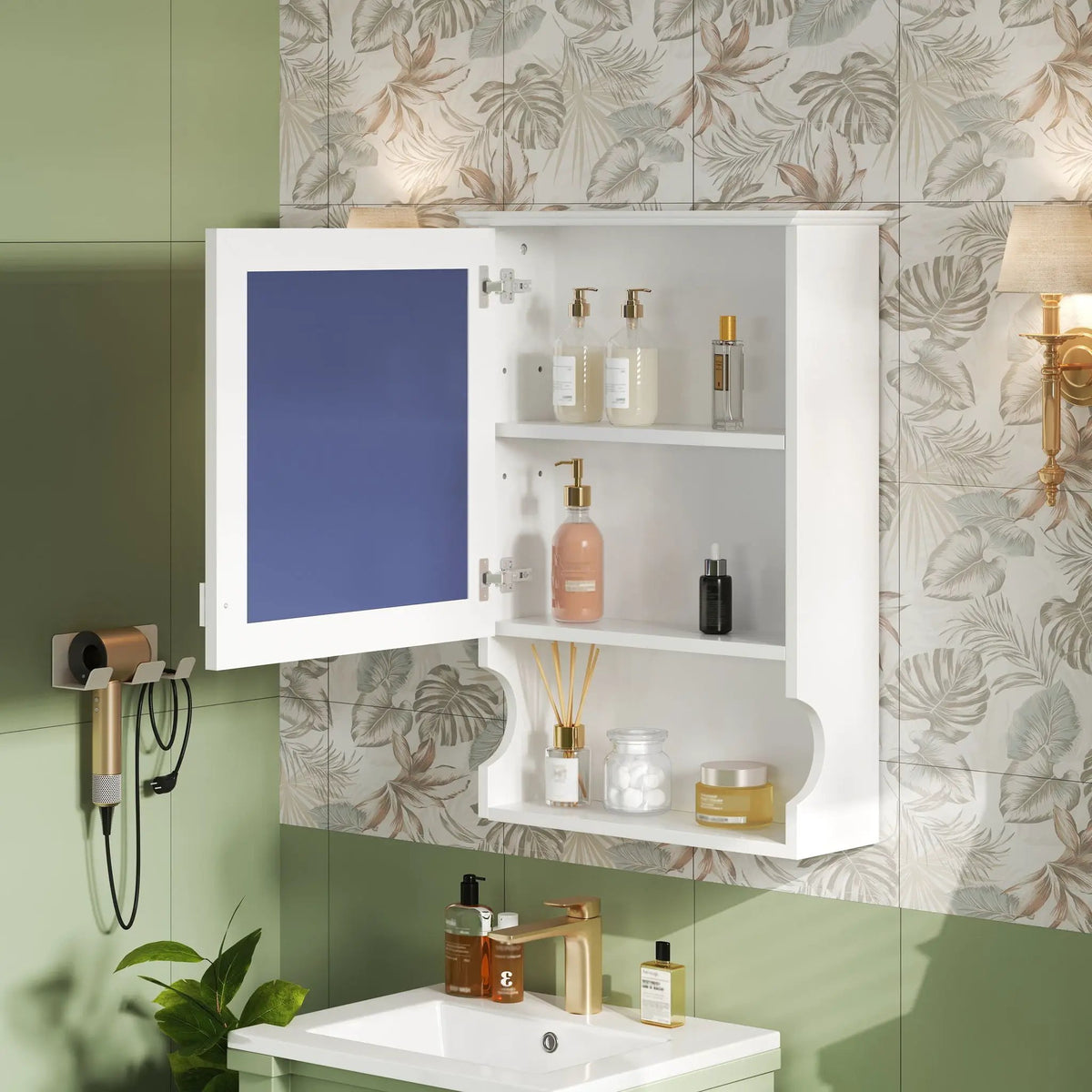 Half-Moon Wall Mounted Bathroom Cabinet | Mirror | Soft Closing Hinges | Open Shelving