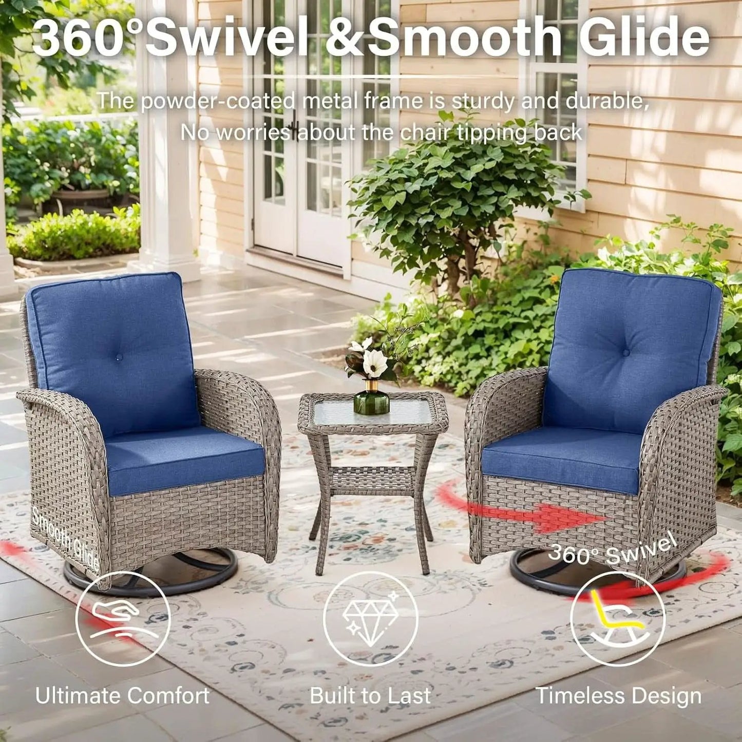 Outdoor Natural Wicker Swivel Patio Chairs Set With Glass Top Side Table from PriceLows™
