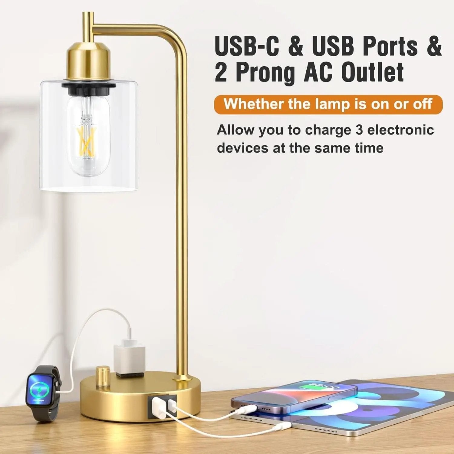 Industrial Dimmable Table Lamps Gold Finish With USB Ports from PriceLows™