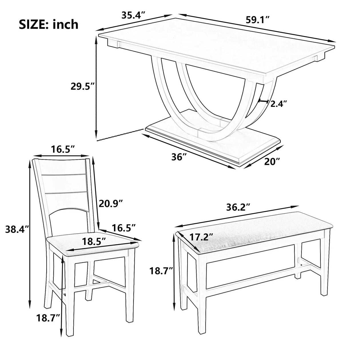 Dining Table Set | 6 Piece Solid Wood | Half Round Legs | 59 Inch