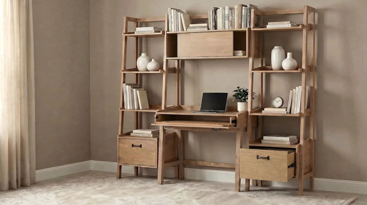 Fabian 4-piece Computer Desk and Bookshelf Set Distressed Light | 4-Piece Set | Rubberwood & Engineered Wood | Brown