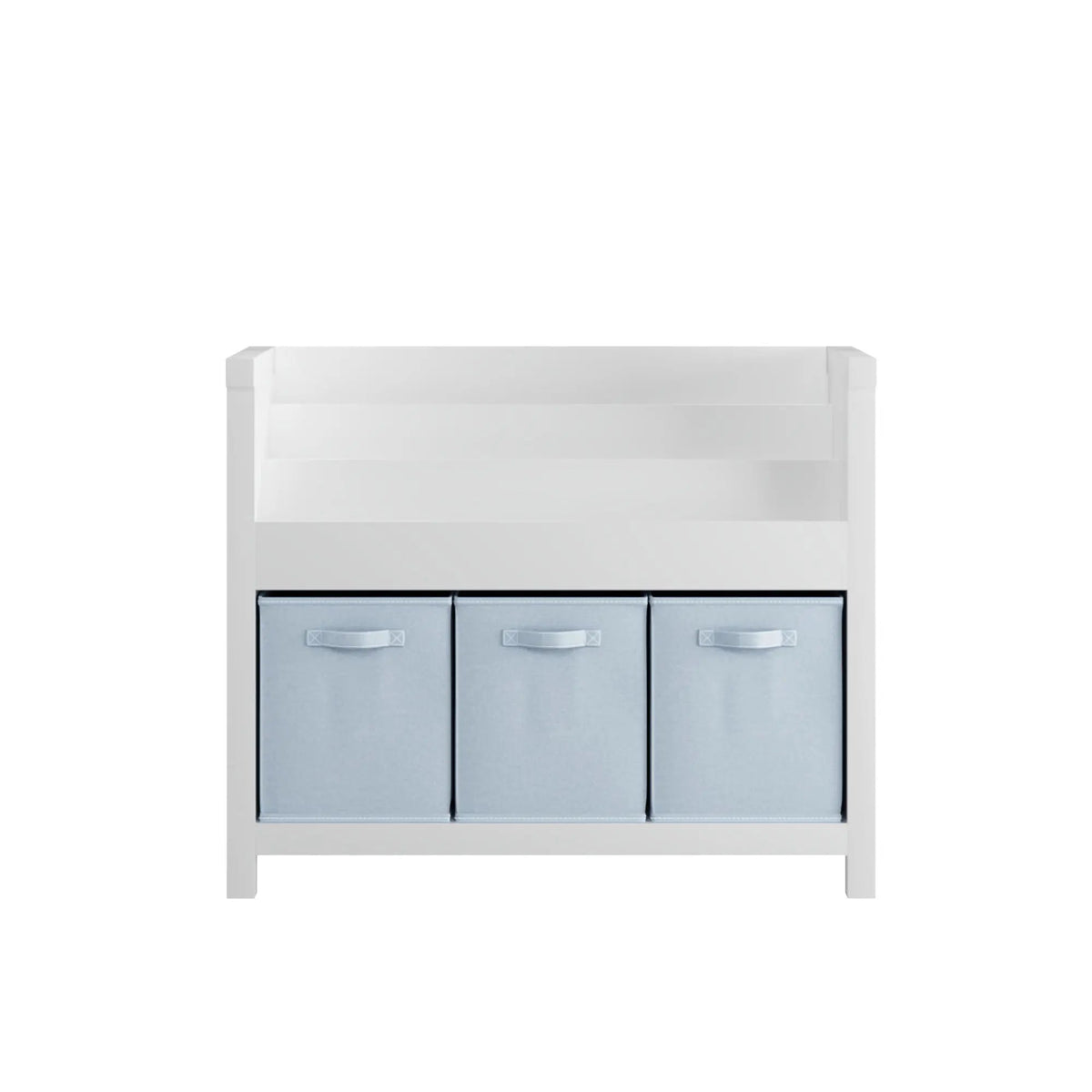 Kids Bookshelf | 3 Tier Front Facing | 3 Fabric Bins | White