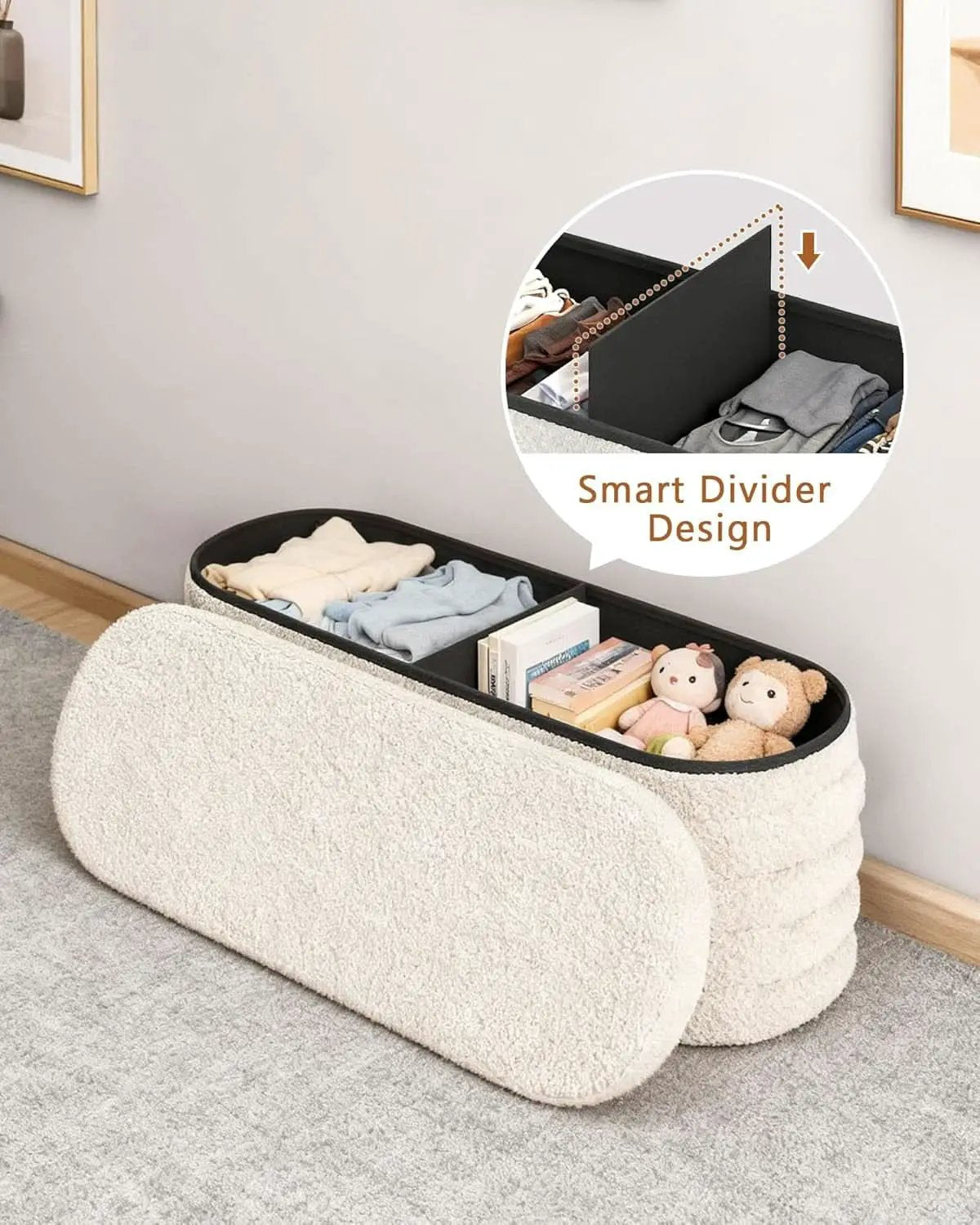 43 Inch SherpaWhite Upholstered Storage Ottoman Bench from PriceLows™