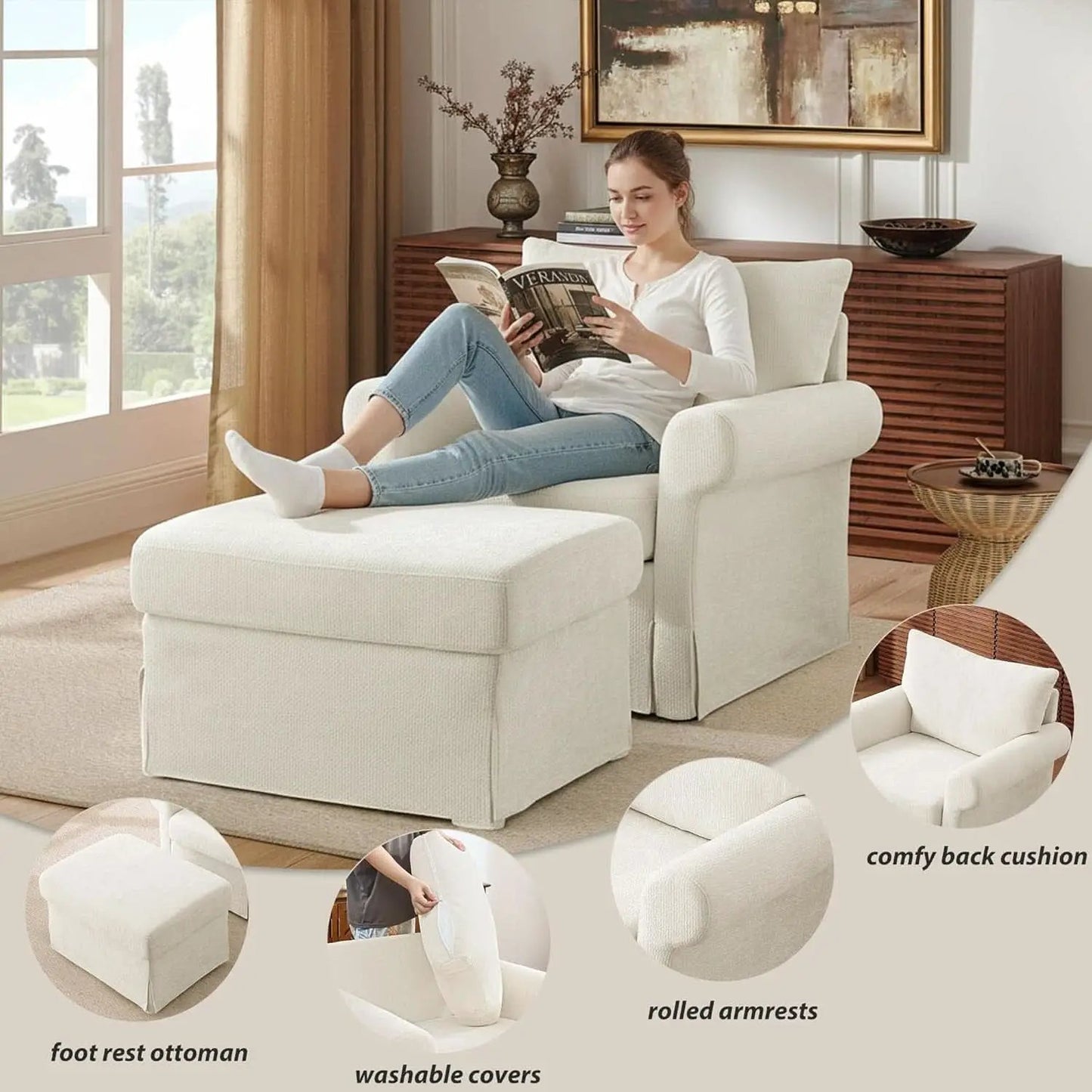 Beige Chenille Contemporary Ottoman Reading Chair Set from PriceLows™